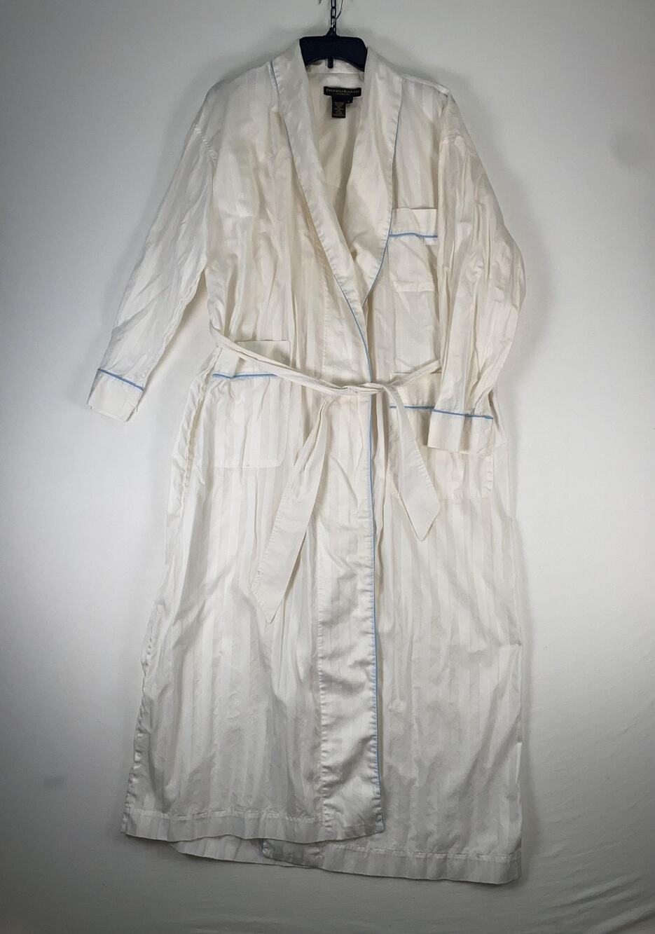 Donna Karan Intimates Robe Womens Large White Striped Cotton Kimono Belted